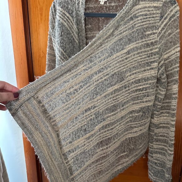 Women's Striped Open Front Waterfall Sweater - Small, Grey and White - Picture 3 of 6
